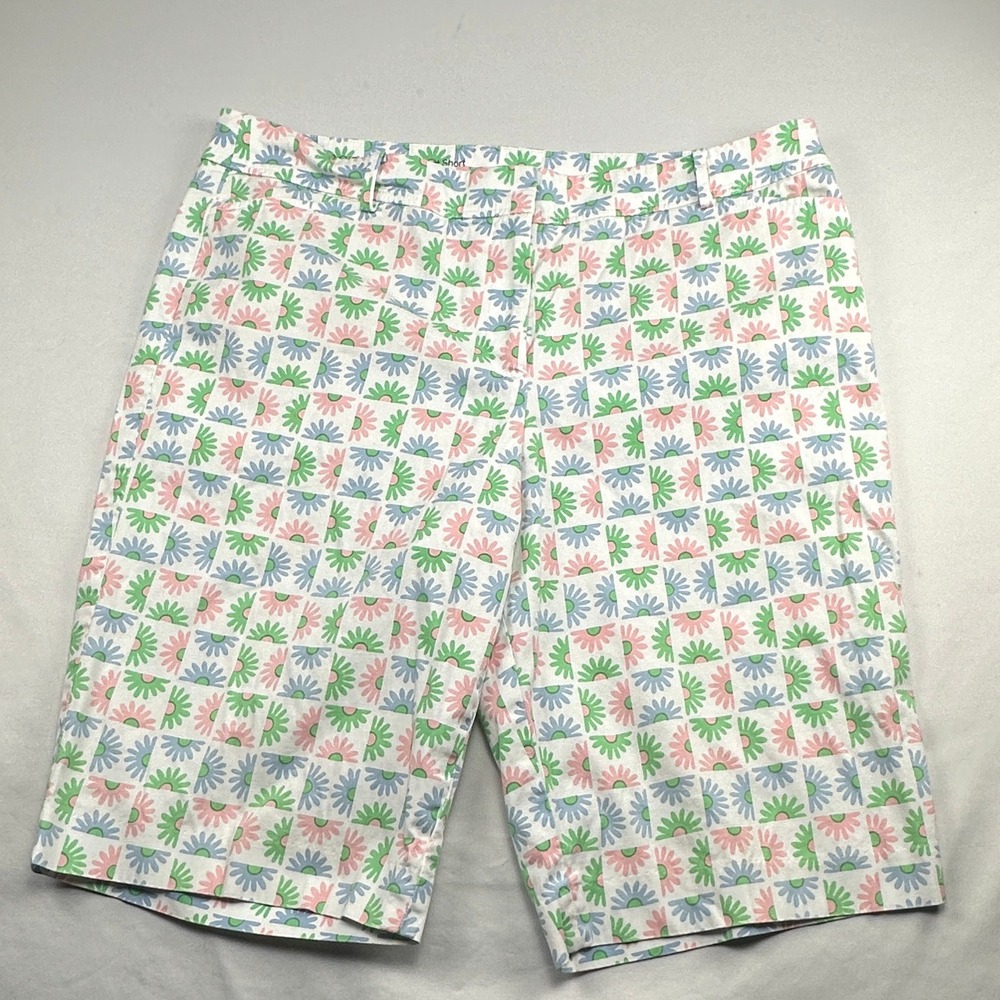 Talbots Daisy Checkerboard Pink Green Blue Floral Long Shorts Bermuda Vacation